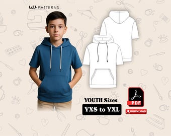 Hoodie Zip Up Short sleeve Sewing Patterns for kids | Youth full Zip short sleeve Hoodie Sewing pattern | Sizes YXS to YXL  PDF download