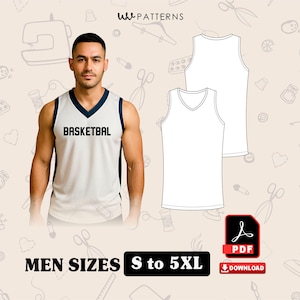 May include: A white basketball jersey with a navy blue trim and the word "BASKETBAL" in black. The image also shows a PDF download icon and the text "MEN SIZES S to 5XL".