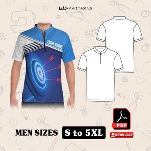 Puede incluir: Un polo de manga corta con un diseño azul y blanco con un gráfico de diana y el texto "YOUR NAME". La imagen también incluye un dibujo lineal de la camisa y el texto "MEN SIZES S to 5XL".