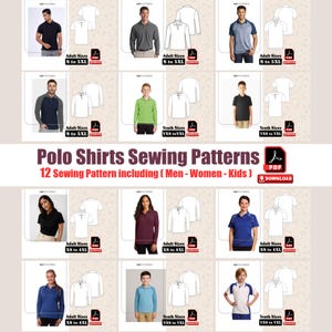 Może przedstawiać: Kolekcja wykrojów do szycia koszulek polo dla dorosłych i młodzieży. Obraz przedstawia różne koszulki polo w różnych kolorach i stylach, w rozmiarach od XS do 5XL. Tekst brzmi "Polo Shirts Sewing Patterns" i "12 Sewing Pattern including (Men - Women - Kids)".