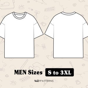 May include: A white t-shirt template, front and back view, with a crew neck and short sleeves. The image includes the text "MEN Sizes S to 3XL" in a black rectangle, and a background with sewing-themed illustrations.