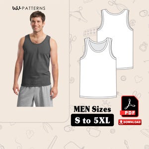 Könnte beinhalten: Das Bild zeigt einen Mann in einem dunkelgrauen Tanktop und grauen Shorts. Daneben sind zwei weiße Tanktop-Umrisse. Der Text lautet "MEN Sizes S to 5XL" mit einem PDF-Download-Symbol.