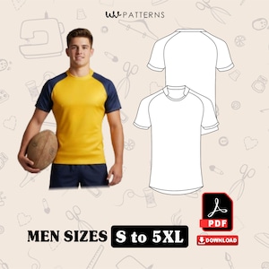 Puede incluir: Una camiseta amarilla y azul marino de manga corta con un balón de rugby. La imagen también muestra un dibujo lineal de una camiseta similar y el texto "MEN SIZES S to 5XL". También hay un icono de descarga PDF.