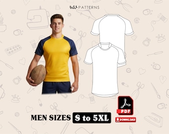 May include: A yellow and navy blue short-sleeve shirt with a rugby ball. The image also shows a line drawing of a similar shirt and the text "MEN SIZES S to 5XL". A PDF download icon is also present.