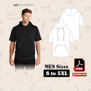Op de afbeelding: Een zwart shirt met capuchon en korte mouwen wordt getoond op een persoon. Een lijntekening van het shirt is in het wit weergegeven. De tekst luidt "MEN Sizes S to 5XL" met een PDF-downloadpictogram.
