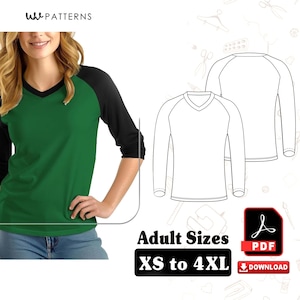 Puede incluir: Camiseta verde y negra con mangas raglán y cuello en V. La imagen también muestra un dibujo lineal de la camiseta y el texto "Adult Sizes XS to 4XL". También es visible un icono de descarga PDF.