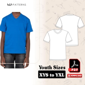 以下が含まれることがあります： 鮮やかな青色のVネックTシャツが人に着られています。人の隣にはTシャツの線画があります。「Youth Sizes」と「XYS to YXL」の文字が表示されています。PDFダウンロードアイコンも表示されています。