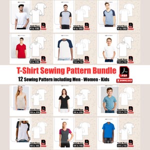 May include: A T-shirt sewing pattern bundle with 12 patterns for men, women, and kids. The image shows various T-shirt designs in different colours and styles, with size ranges from XS to 5XL and Youth sizes. The text "T-Shirt Sewing Pattern Bundle" is displayed.