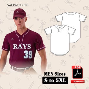 May include: A maroon baseball jersey with white trim, the word "RAYS" and the number "39" in white. A matching maroon baseball cap is also shown. The image also includes a pattern for a baseball shirt and the text "MEN Sizes S to 5XL".