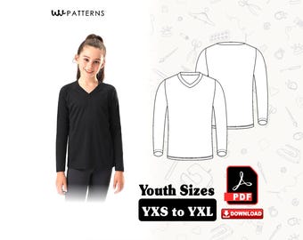 Kids V-Neck Long Sleeve Shirt Sewing Pattern: YXS-YXL (PDF Download)