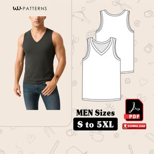 Peut inclure: Un débardeur col en V gris foncé sur une personne, avec un motif de débardeur blanc. L'image comprend le texte "MEN Sizes S to 5XL" et une icône de téléchargement PDF. Le débardeur est sans manches et a une encolure en V.
