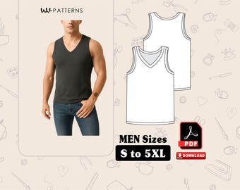 Men's V-Neck Tank Top Sewing Pattern: Sizes S-5XL (PDF Download)