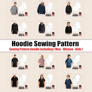 May include: A collage of images showcasing hoodie sewing patterns for men, women, and kids. The patterns are available in various sizes, from XS to 5XL. The text "Hoodie Sewing Pattern" is prominently displayed, along with "Sewing Pattern bundle including (Men - Women - Kids)".