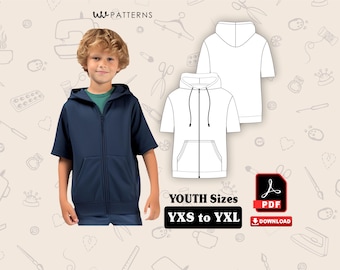 Kids Short sleeve full zip hoodie sewing pattern  | Youth full Zip Hoodie Sewing pattern | Sizes YXS to YXL |  PDF Instant download