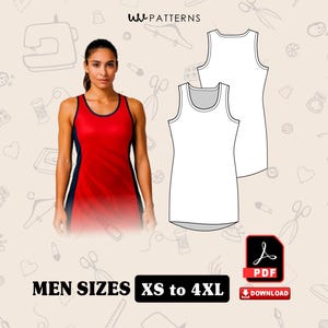 May include: A woman wearing a red and navy athletic tank top. The image also shows a white tank top design and the text "MEN SIZES XS to 4XL". A PDF download icon is also present.