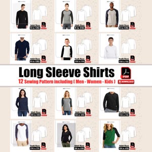 Op de afbeelding: Een verzameling naaipatronen voor shirts met lange mouwen voor volwassenen en jongeren. De afbeelding toont verschillende shirtstijlen in verschillende kleuren, waaronder raglan- en V-hals ontwerpen. Maten variëren van XS tot 5XL. De tekst luidt "Long Sleeve Shirts" en "12 Sewing Pattern including (Men - Women - Kids)".