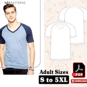 Puede incluir: Camiseta azul claro y azul marino con cuello en V. La imagen también incluye un patrón para la camisa y el texto "Adult Sizes S to 5XL". El patrón está disponible como descarga PDF.