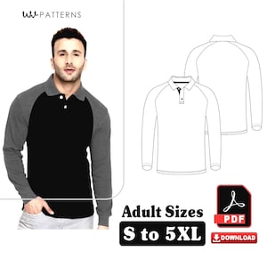May include: A black and gray long-sleeve polo shirt with a two-tone design. The shirt has a black body and gray sleeves. The image also includes a line drawing of the shirt and text that reads "Adult Sizes S to 5XL".