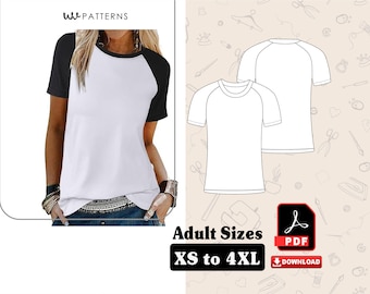 T Shirt Raglan Kurzarm Schnittmuster für Frauen | Frauen Amerikanisches Shirt Kurzarm Schnittmuster | Größen XS bis 4XL | PDF-Download