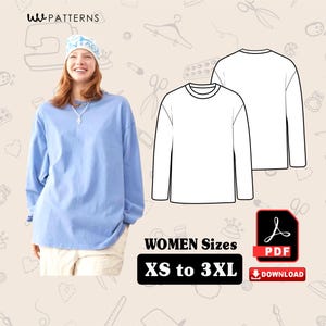 Puede incluir: Una mujer con una camisa azul claro de manga larga. La imagen incluye un dibujo lineal de una camisa de manga larga y el texto "WOMEN Sizes XS to 3XL". También hay un icono de descarga PDF.