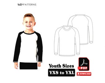 Kids Raglan Shirt Sewing Pattern: Long Sleeve, Sizes YXS-YXL (PDF Download)