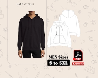 Modello di cucito per felpa con cappuccio e cerniera intera da uomo: taglie dalla S alla 5XL (download PDF)