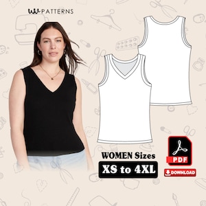 Op de afbeelding: Een zwarte tanktop met V-hals wordt door een persoon gedragen. Een lijntekening van een witte tanktop staat naast de persoon. De tekst "WOMEN Sizes XS to 4XL" wordt weergegeven. Er wordt ook een PDF-downloadpictogram weergegeven.