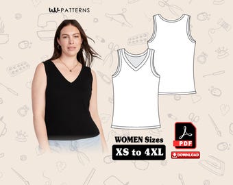Tank Top V-Neck Sewing Pattern: Women's Sizes XS-4XL (PDF Download A4/US Letter)