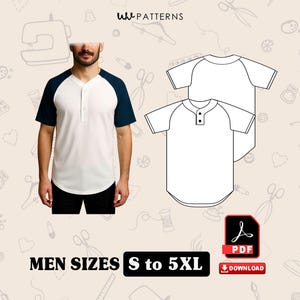 May include: A white and navy blue raglan sleeve shirt with a button-down placket. The image includes a pattern for the shirt and text that reads "MEN SIZES S to 5XL". A PDF download icon is also present.