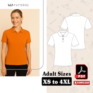 May include: An orange polo shirt with a collar and short sleeves is modelled by a person. The image also includes a line drawing of a polo shirt and the text "Adult Sizes XS to 4XL" with a PDF download icon.