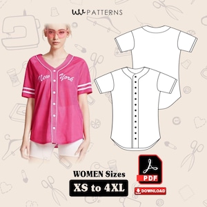 May include: A pink baseball jersey with white stripes on the sleeves and the text "New York" in white script. The image also shows a pattern for the jersey and the text "WOMEN Sizes XS to 4XL".