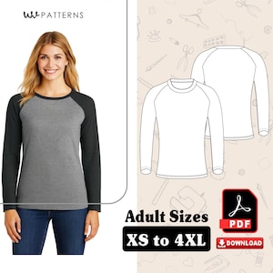 Può includere: Una donna indossa una maglietta raglan grigia e nera a maniche lunghe. L'immagine mostra anche un disegno al tratto di una maglietta a maniche lunghe e il testo "Adult Sizes XS to 4XL". È presente anche un'icona di download PDF.