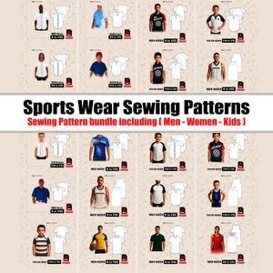 Op de afbeelding: Een collage van sportkleding naaipatronen voor heren, dames en kinderen. De patronen omvatten verschillende t-shirts, jerseys en tanktops in verschillende stijlen en maten. De tekst "Sports Wear Sewing Patterns" is prominent weergegeven.