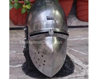 Casco medieval tipo bacinete de acero de calibre 16 – Armadura de caballero ponible