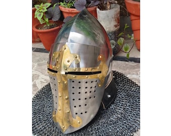 Casco medieval de cruzado Alejandro Magno / Casco con visera Bacinet de malla de acero de calibre 16