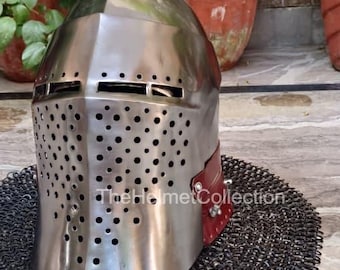 Casco Barbuta de acero plateado / Armadura de caballero medieval, cota de malla de acero de calibre 16 para LARP y cosplay