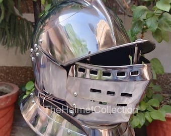 Casco de borgoñota medieval / Réplica de armadura de caballero del siglo XVI, tocado de guerrero de acero de calibre 16