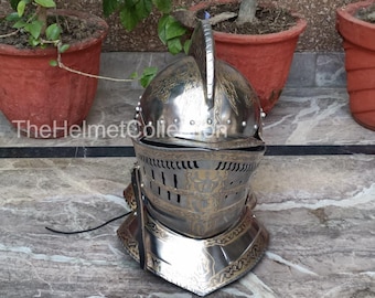 Casco de borgoñota medieval grabado a mano, de acero calibre 16, ideal para cosplay de caballero o regalo de Navidad.