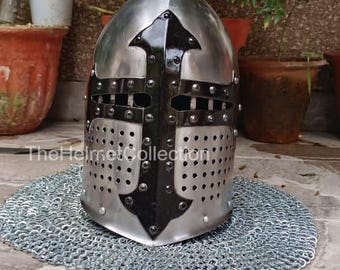 Blackened Cross Combat Bascinet Helmet, 16 Ga Steel Armored Battle Armor