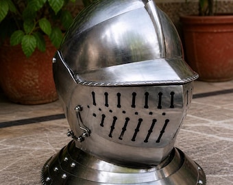 Casco de caballero medieval, acero auténtico de calibre 16 para armaduras de LARP y cosplay,