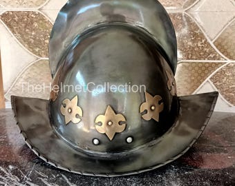 Casque espagnol médiéval Morion - Conquistador en armure d'acier, costume de GN, cadeau de collection