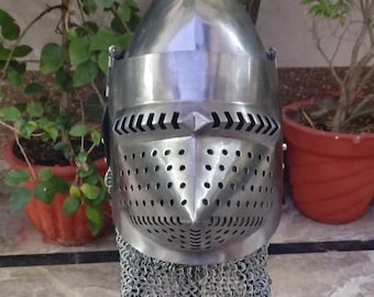 Casco medieval bascinet con visera de seguridad / Acero calibre 16 / Interior acolchado / Casco de malla