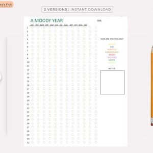 May include: A printable mood tracker for a year. The tracker has a grid with circles for each day of the year. There is a section for notes and a list of moods: sad, nervous, embarrassed, angry, shocked, and happy.