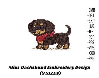 Mini Dachshund Embroidery Design, Dog Embroidery mini embroidery design (Digital Download, 3 Sizes)
