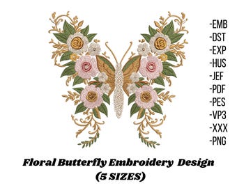 Butterfly embroidery design, Floral Butterfly Embroidery file, Elegant Pink Butterfly with Roses, 5 Size, Instant Download