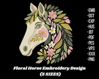 Horse Embroidery Design | Majestic Wild Stallion Art | For Jacket, Bag & Decor | Digital PES File | Western Cowboy Pattern | Floral Horse