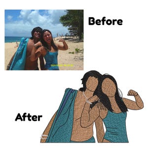May include: A custom embroidery design featuring a stylized illustration of two people posing side by side. One person holds a large teal bag, while the other flexes an arm. The design uses textured thread patterns to depict their figures and clothing.