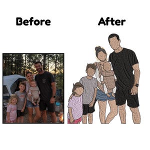 May include: A side-by-side comparison showing a photograph of a family of five standing outdoors near a tent labeled Before, and a stylized line-art illustration of the same family group on a white background labeled After.