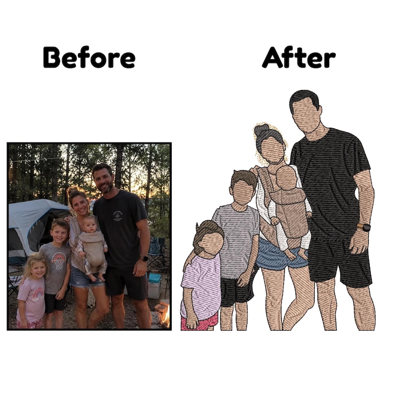 May include: A side-by-side comparison showing a photograph of a family of five standing outdoors near a tent labeled Before, and a stylized line-art illustration of the same family group on a white background labeled After.