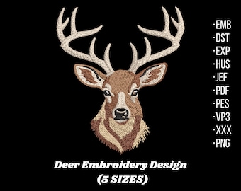 May include: An embroidered deer head design with large antlers, in shades of brown and tan, against a black background. The text "Deer Embroidery Design (5 SIZES)" is at the bottom, with file type abbreviations on the right.